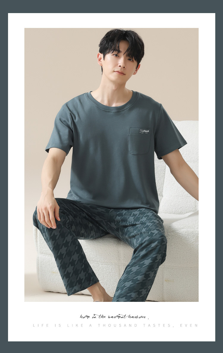 Summer pure cotton pajamas for men, cartoon casual short-sleeved shirts and long pants, pure cotton comfortable home wear, summer youth student set pic 76