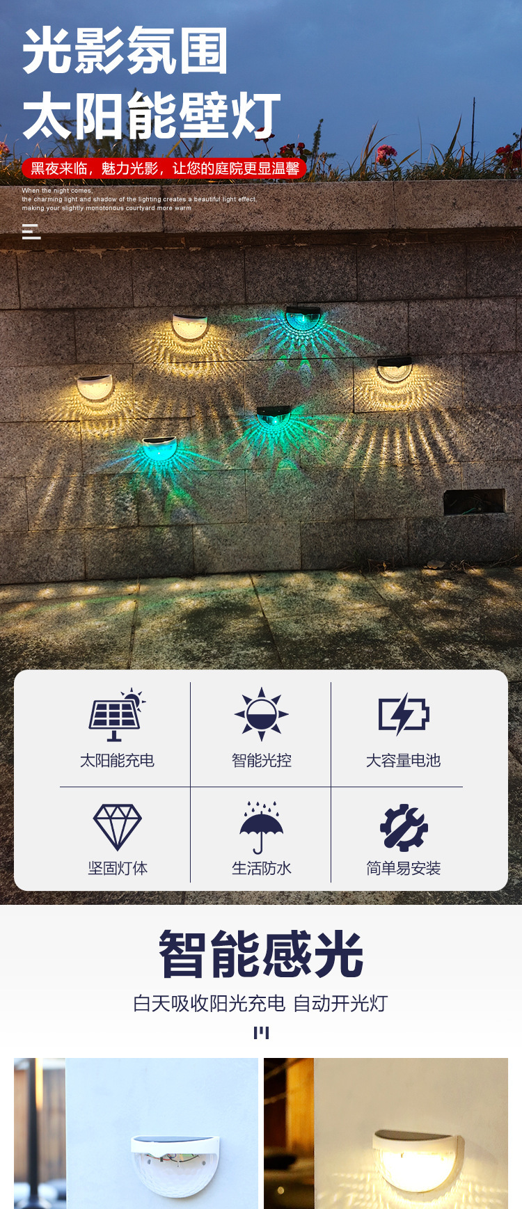 太阳能壁灯灯庭院花园布置阳台三角灯别墅室外防水景观灯太阳能板详情1