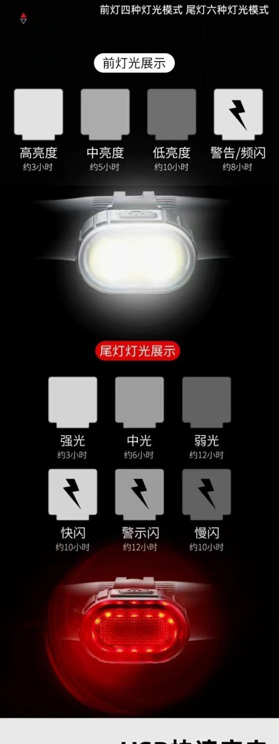 Bicycle headlights, taillights, mountain bikes, bicycle red and white strong light, night riding, charging flashlight, lighting accessories pic 6
