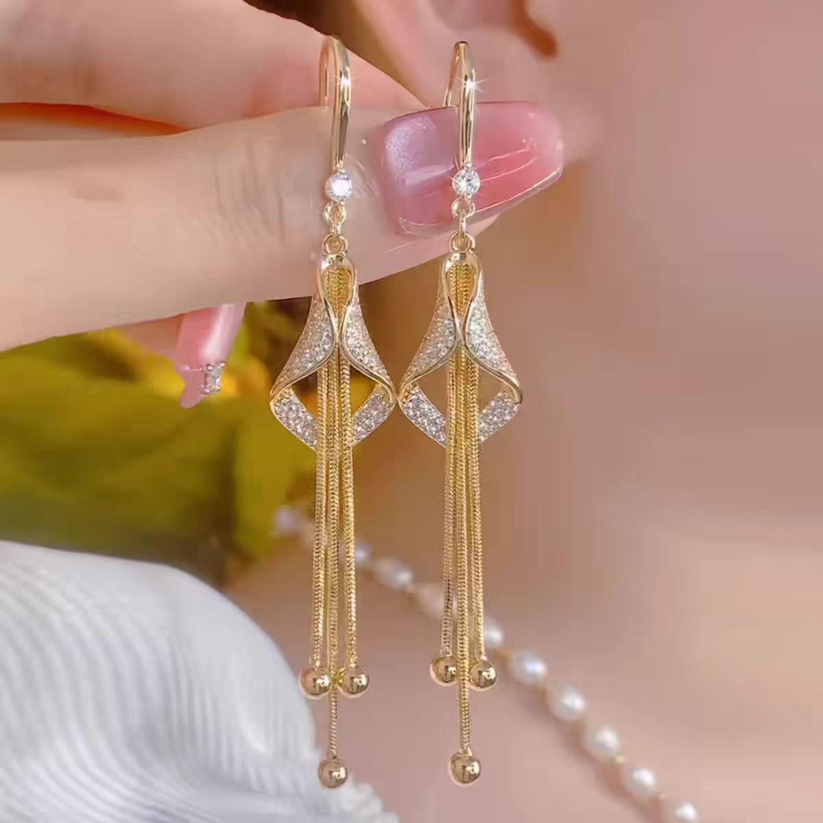 气质韩版时尚几何菱形长款流苏耳环女百搭满钻耳坠轻奢显脸瘦耳饰详情1