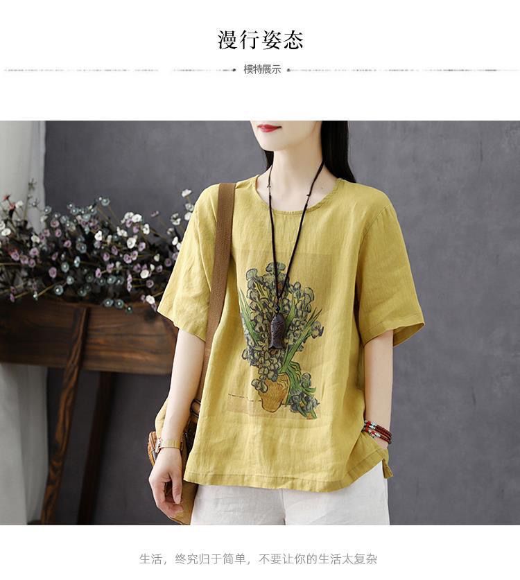 棉麻体恤女短袖2023夏装新款女式上衣宽松复古印花大码女装T恤潮详情3