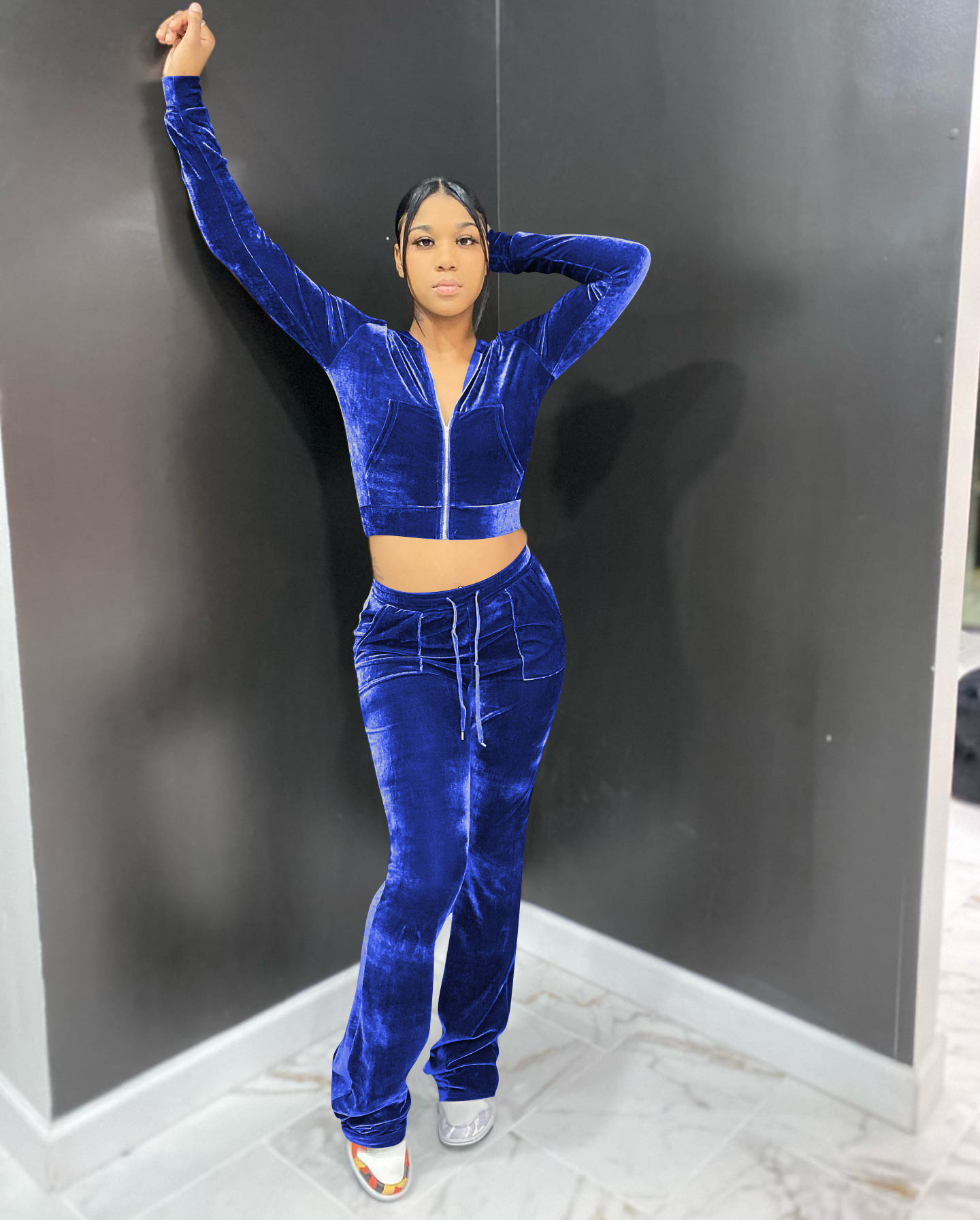 Solid color gold velvet wide-leg pants two-piece set pic 11