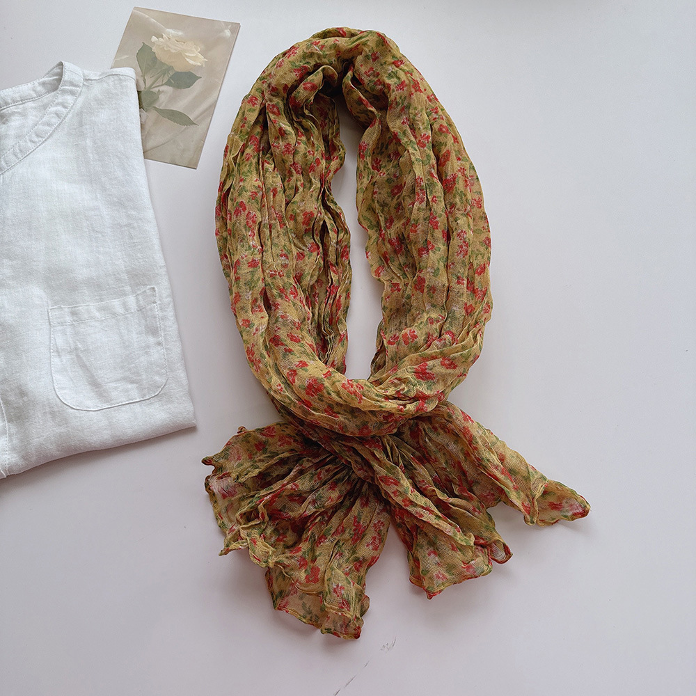 文艺褶皱碎花棉麻围巾女四季柔软复古百搭保暖披肩空调房护脖围巾详情8