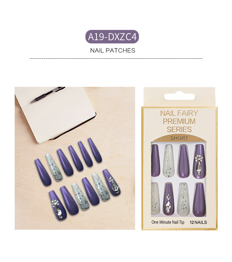 Cross-border long T-shaped false nail, glitter and sequin nail art, colorful artificial rhine-dotted ballet nail, wearable nail wholesale pic 2