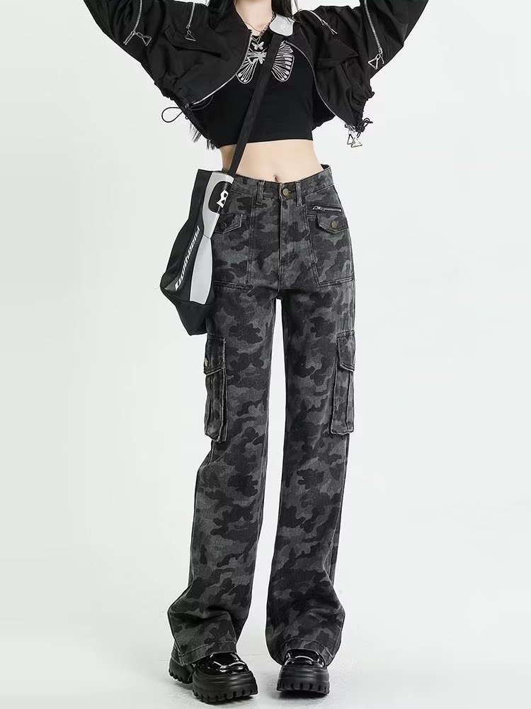 迷彩工装裤女美式高个子牛仔裤子辣妹阔腿裤迷彩服显瘦复古迷彩裤详情3