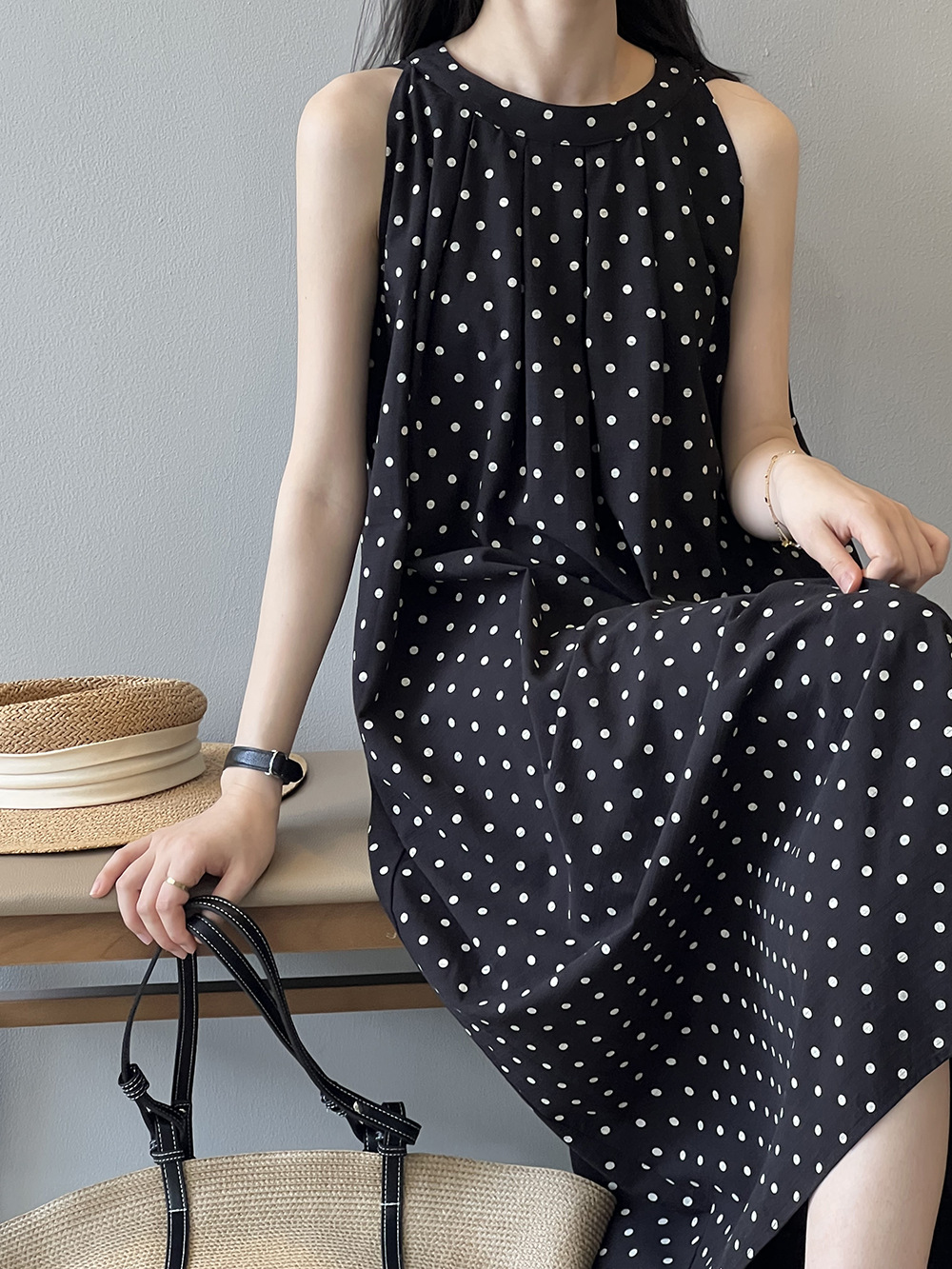 言双 波点无袖连衣裙2024夏季新款韩系圆领a字气质背心裙82016 pic 35