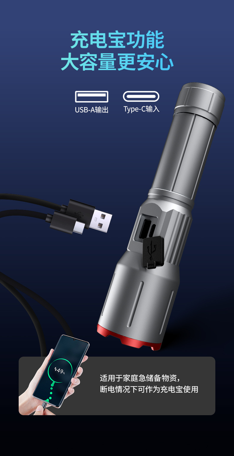 跨境2025新品强光远射手电筒白激光变焦数字电显户外工厂直供详情9