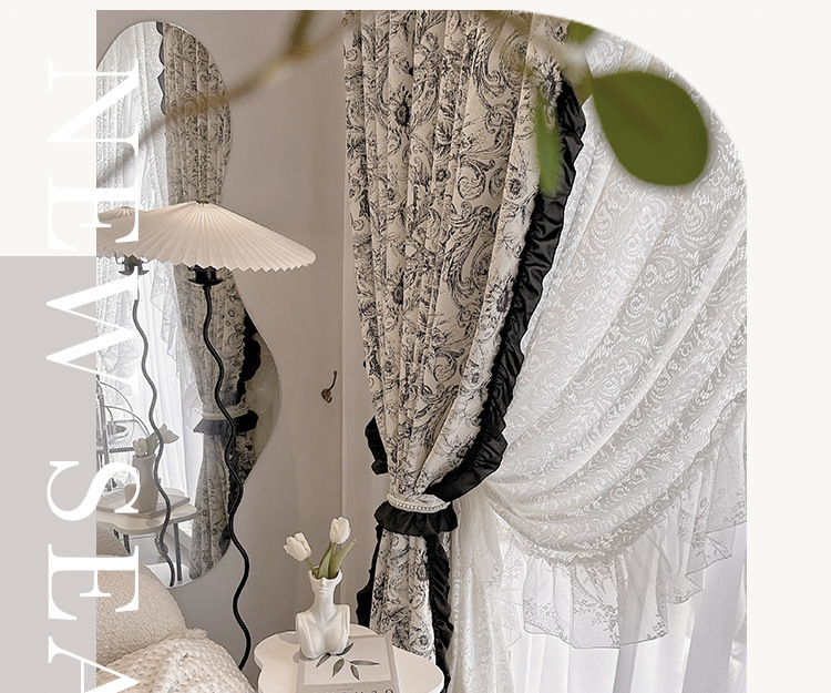 Finished product of French retro Chenille jacquard black and white American Rococo lace blackout bedroom and living room bay window pic 17
