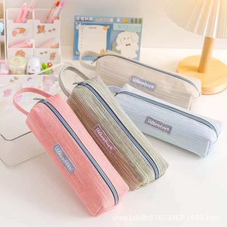 竹节棉布手提笔袋收纳英文字母纯色文具袋大容量学生文具用品详情2