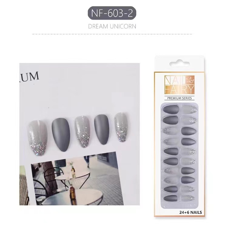 Cross-border exclusive flash pink color-blocking and dazzling nail art, 24 pieces of finished nail art, wearable detachable false nails pic 4