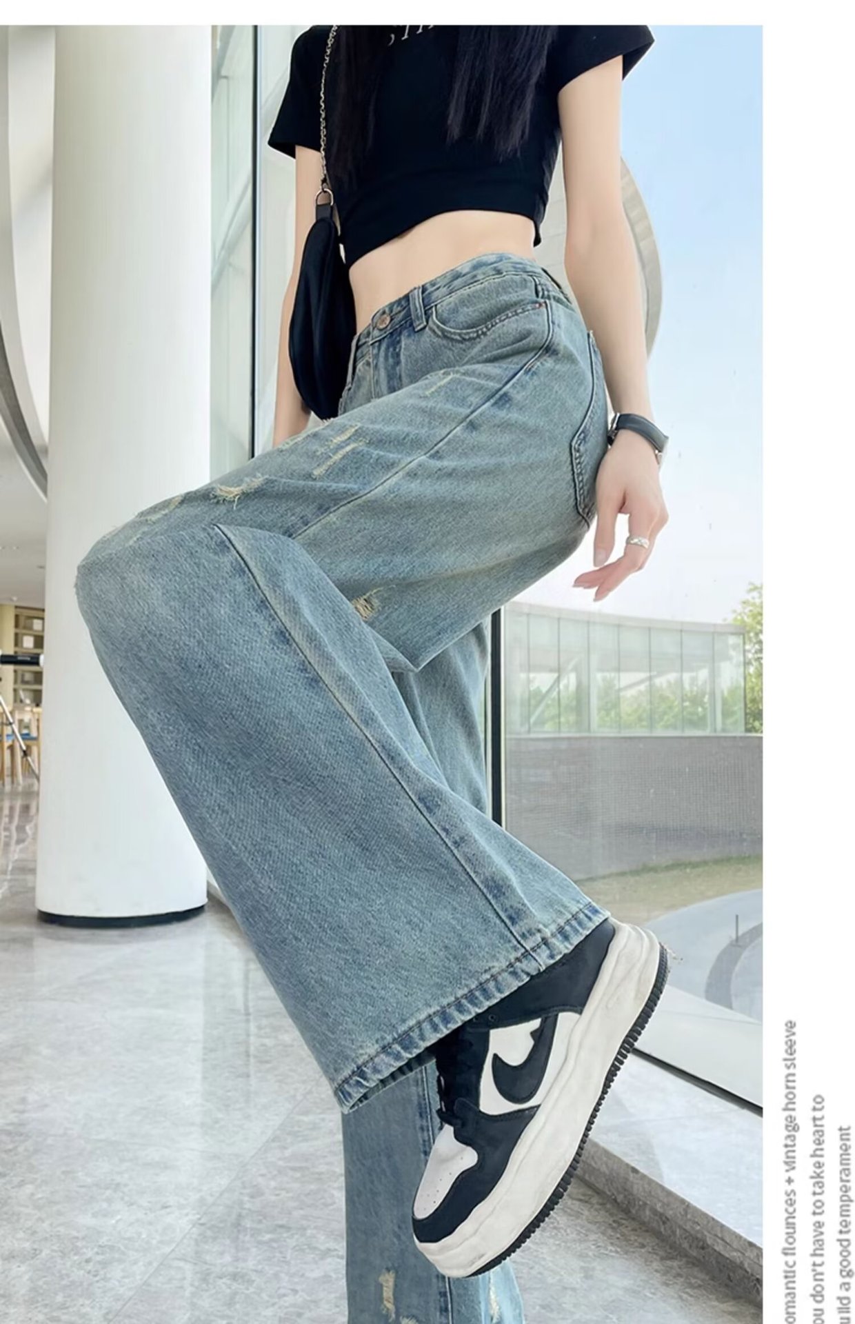 大码复古水洗磨白牛仔裤女春秋新款高腰胖mm宽松显瘦阔腿拖地裤子详情14