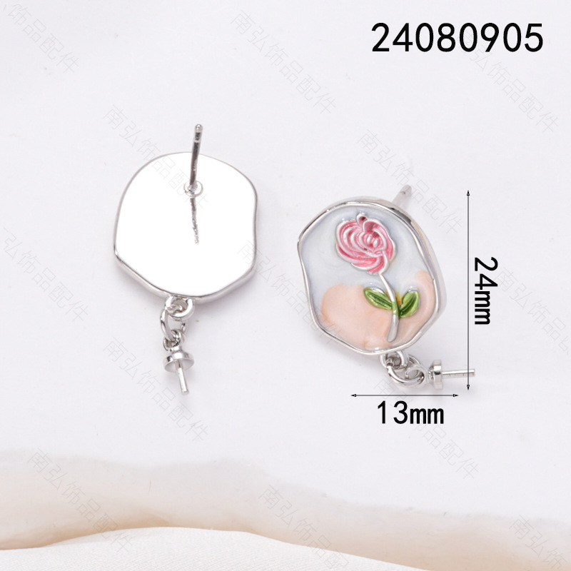 S925 Silver Needle Pearl Ear studs, ear studs, peach rose, Monet oil, vintage oil painting, Chinese style diy copper accessories pic 13