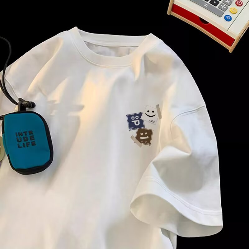 Americano peso 260g algodón estampado manga corta hombres verano ins trend versátil casual suelto pareja camiseta top pic 6