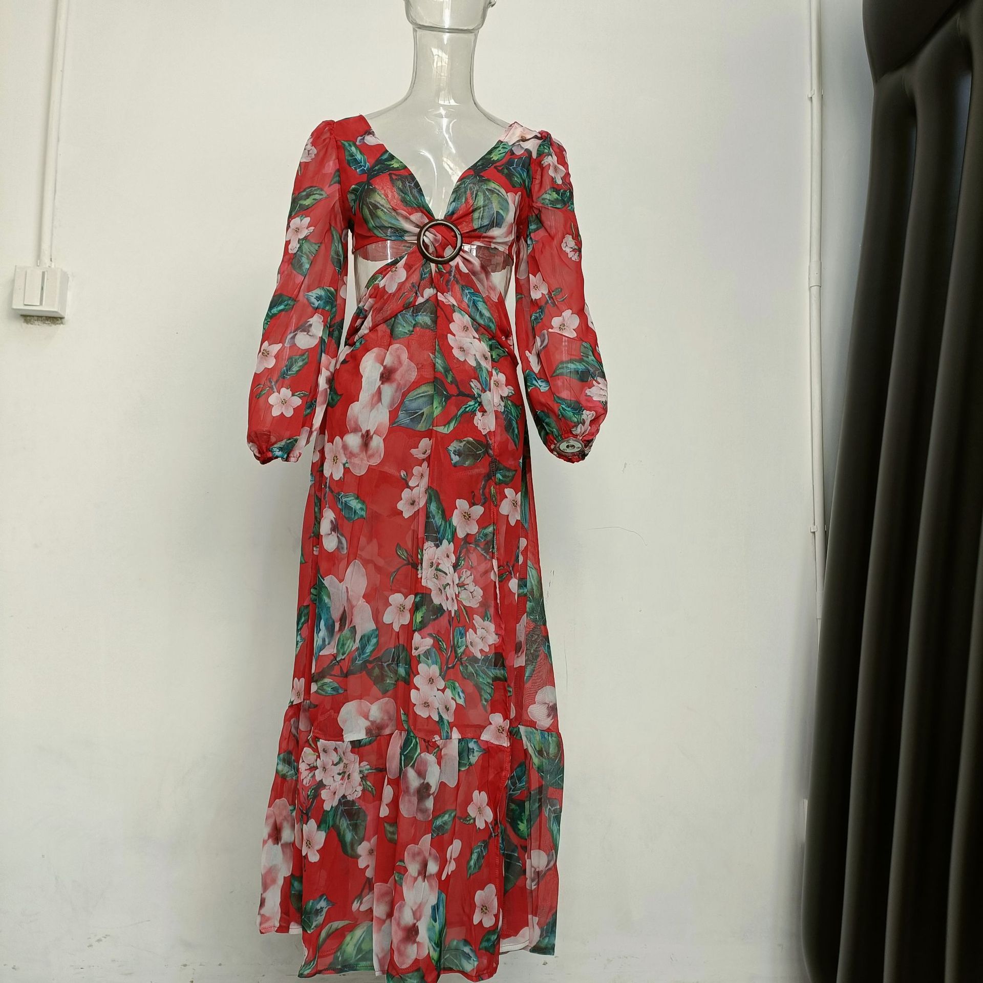 Lantern long-sleeved V-neck slit dress pic 11