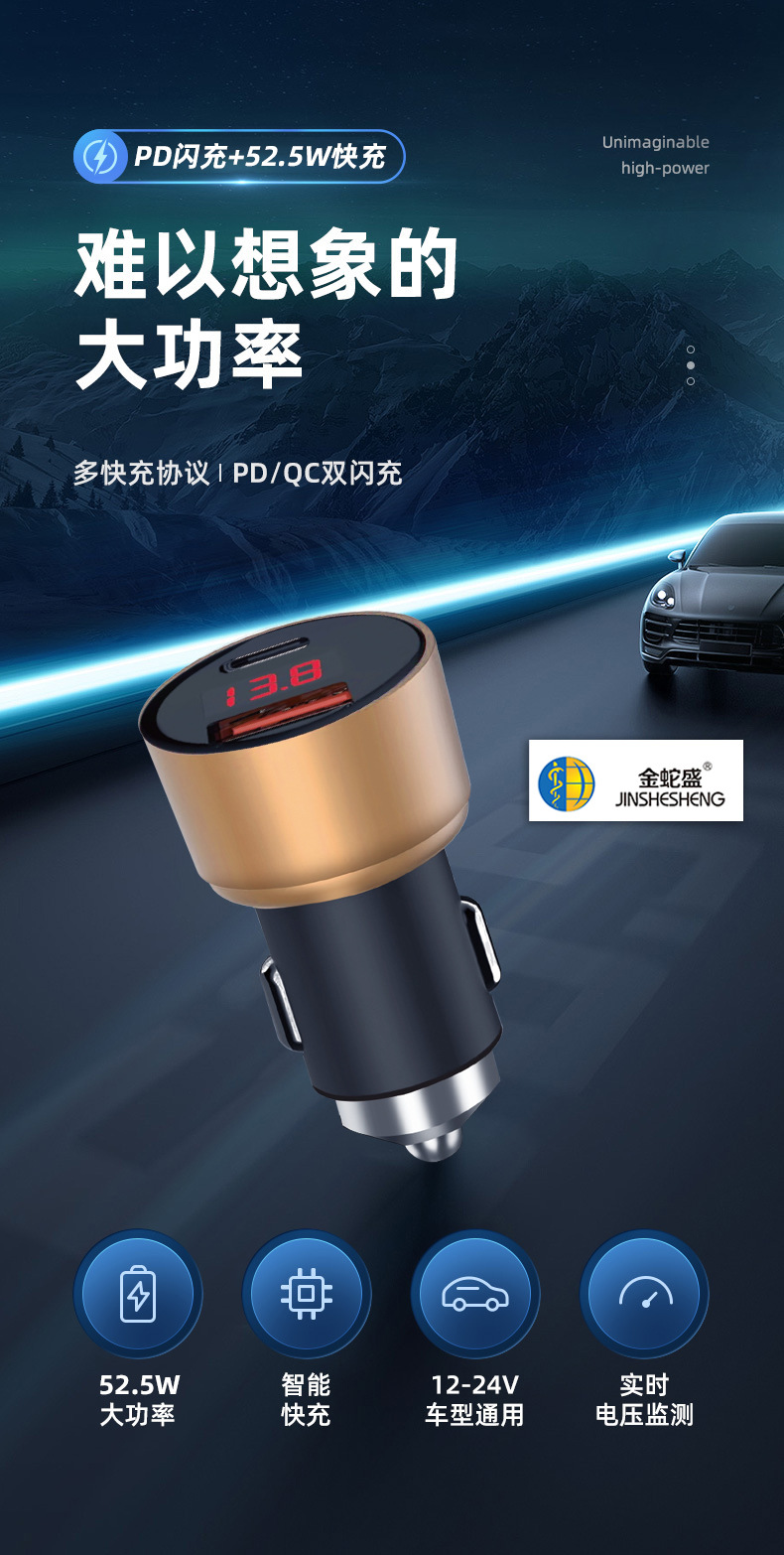 车载充电器LED数显大功率超级快充点烟插头车充USB+TYPEC充电头详情4
