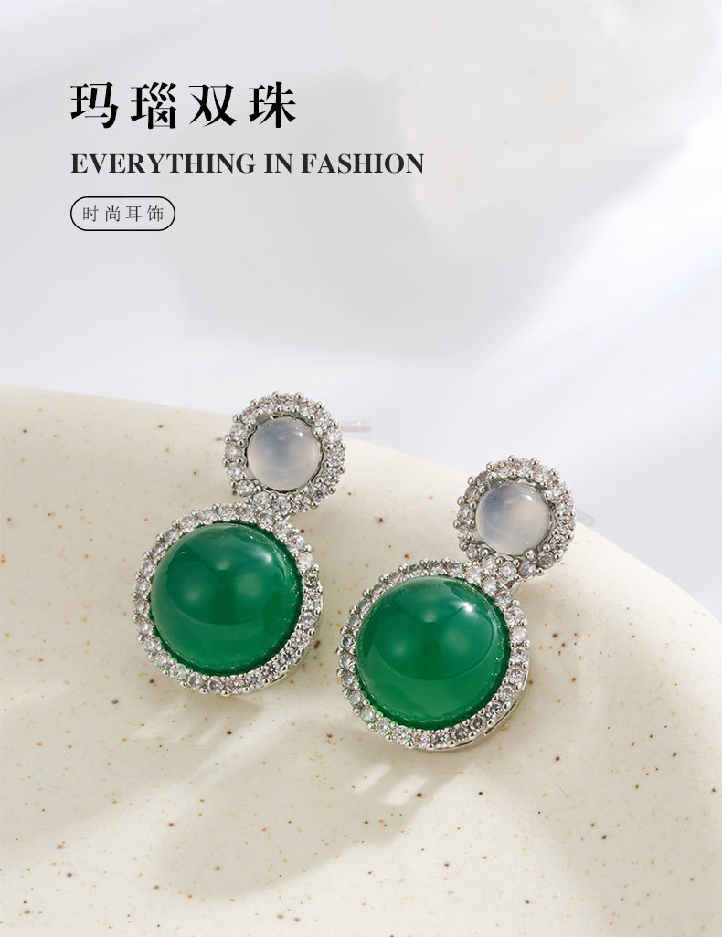 Factory direct supply new Chinese-style double round agate pendant earrings with a retro and high-end feel, red and green dual-color s925 silver needle earrings pic 2