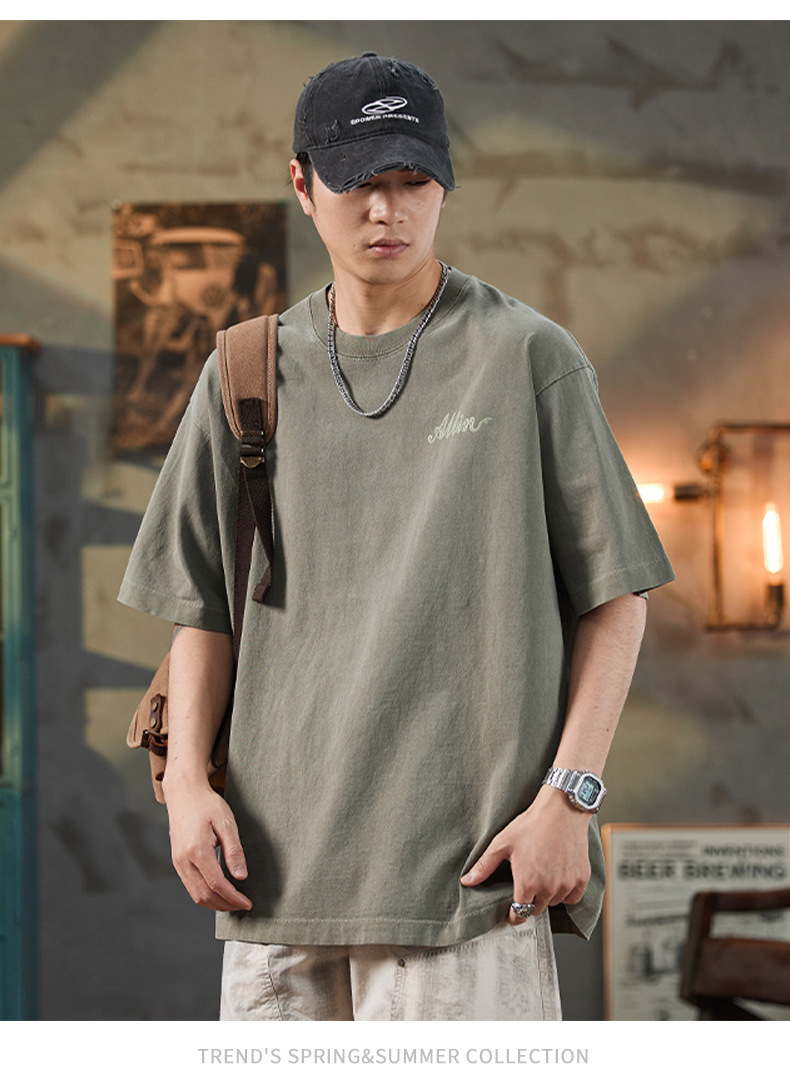 ALLIN pure cotton heavy-duty short-sleeved T-shirt for men, a summer trendy brand with three-dimensional printed letters and loose round-neck couple tops pic 39