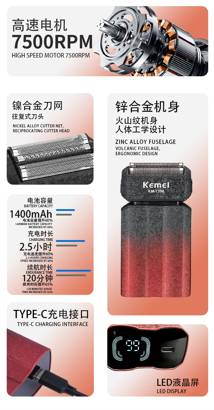 kemei科美电动剃须刀往复式刮胡刀男士充电胡须刀修剪器KM-T396详情3