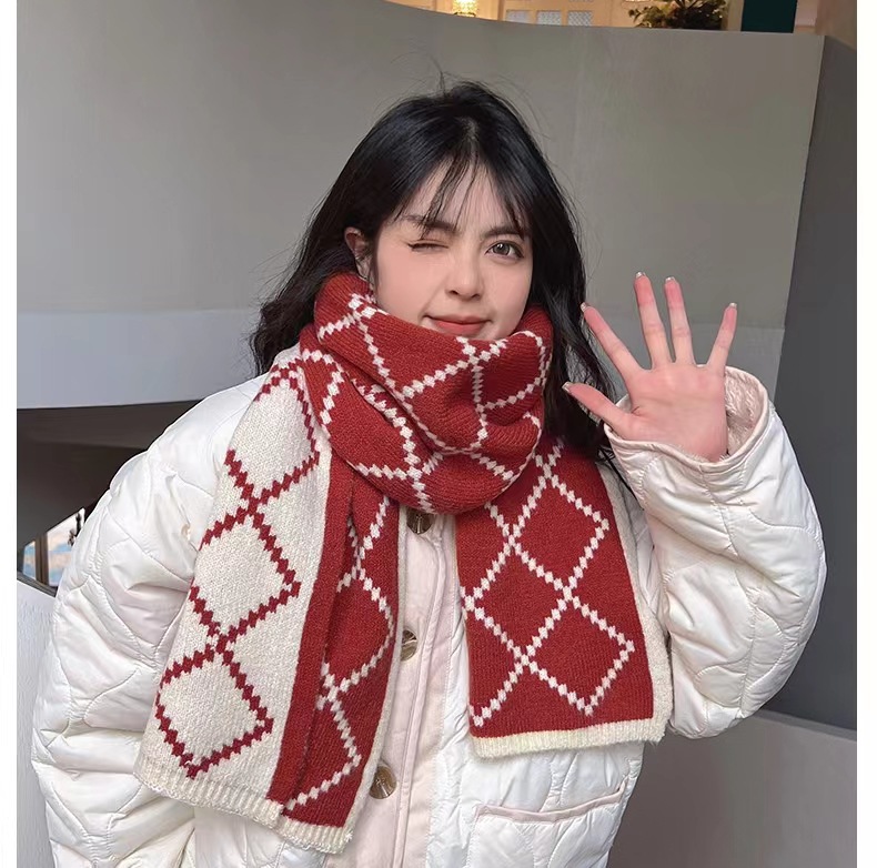 围巾女生2022新款冬季双面百搭高级感保暖加厚毛线针织格子围脖潮详情5