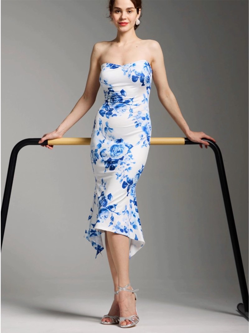 New Chinese-style slimming off-the-shoulder printed dress, blue and white porcelain body-hugging fishtail dress, sexy slit dance dress for socialite pic 8