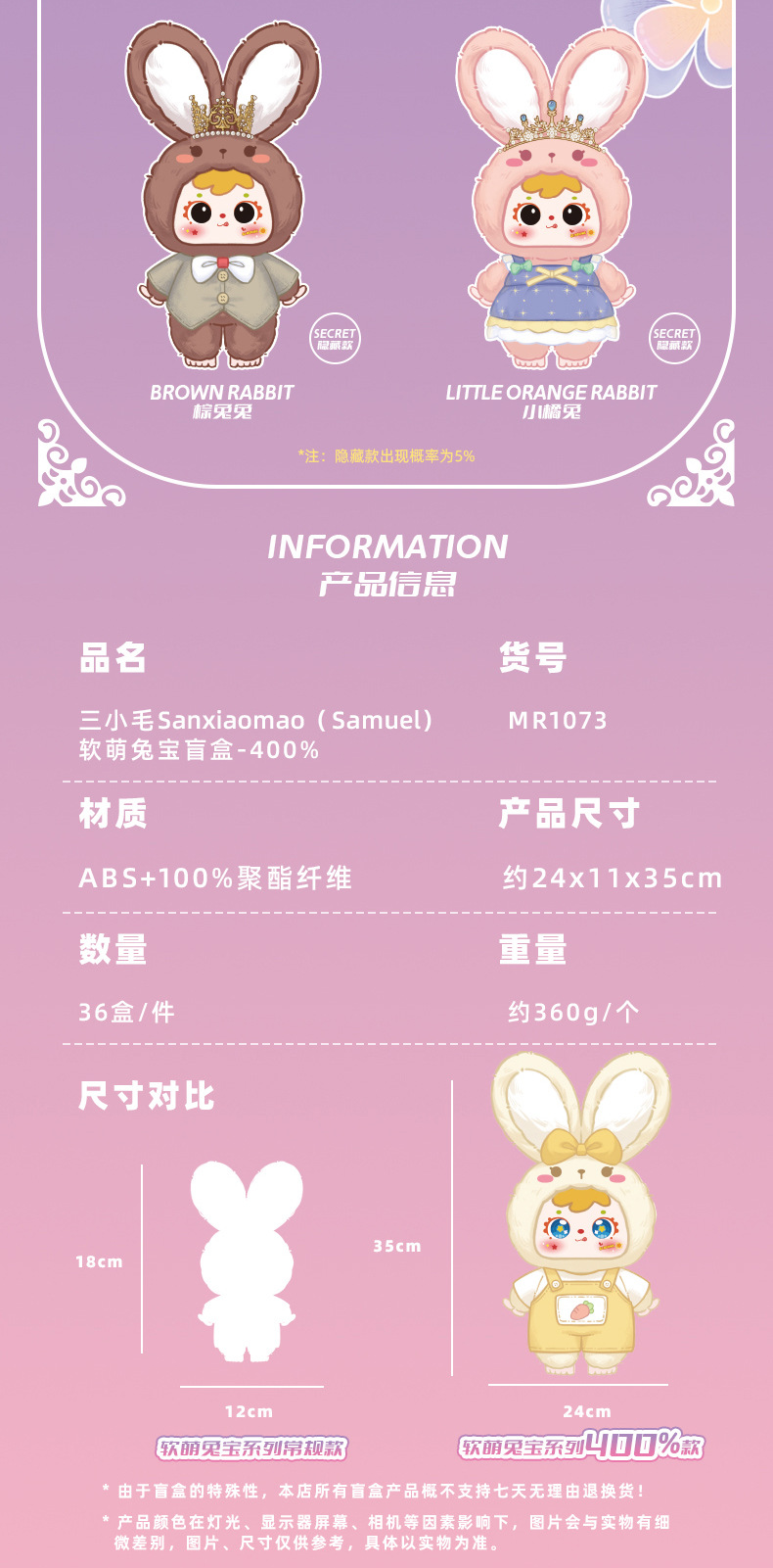 跨境三小毛400%体-软萌兔宝卡通周边毛绒盲盒玩具玩偶送女生礼物详情5