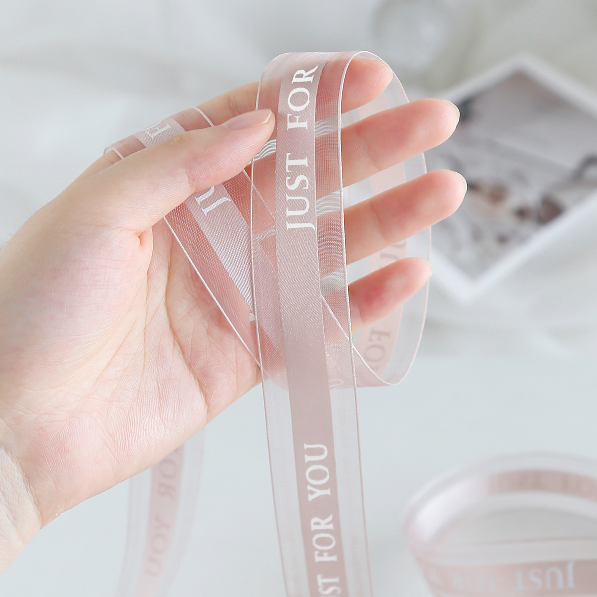 Factory direct sales: 2.5cm medium satin edge gauze English ribbon High-quality snow gauze ribbon flower packaging ribbon gift cake pic 18