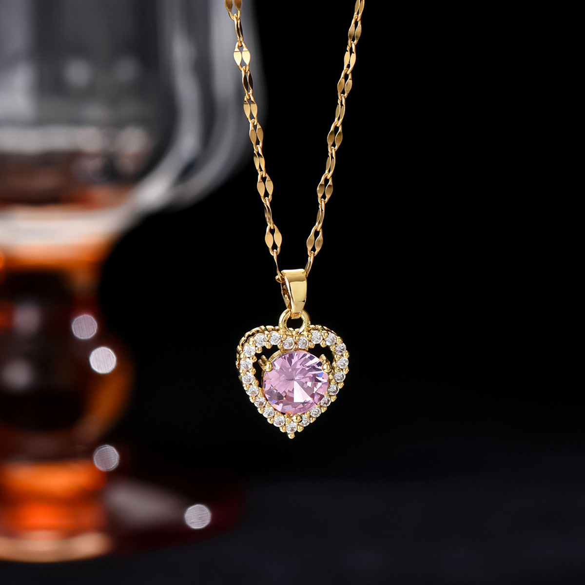 跨境心形环绕细碎锆石中间粉色宝石点缀的轻奢风金色链项链耳环详情4