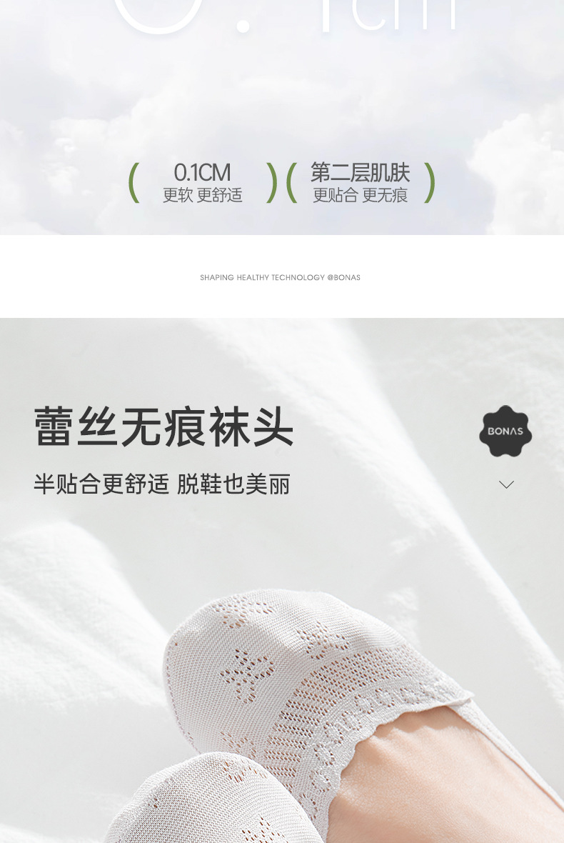 宝娜斯蕾丝浅口船袜不露边7A抗菌棉底夏季薄款防滑不掉跟短袜女士详情8