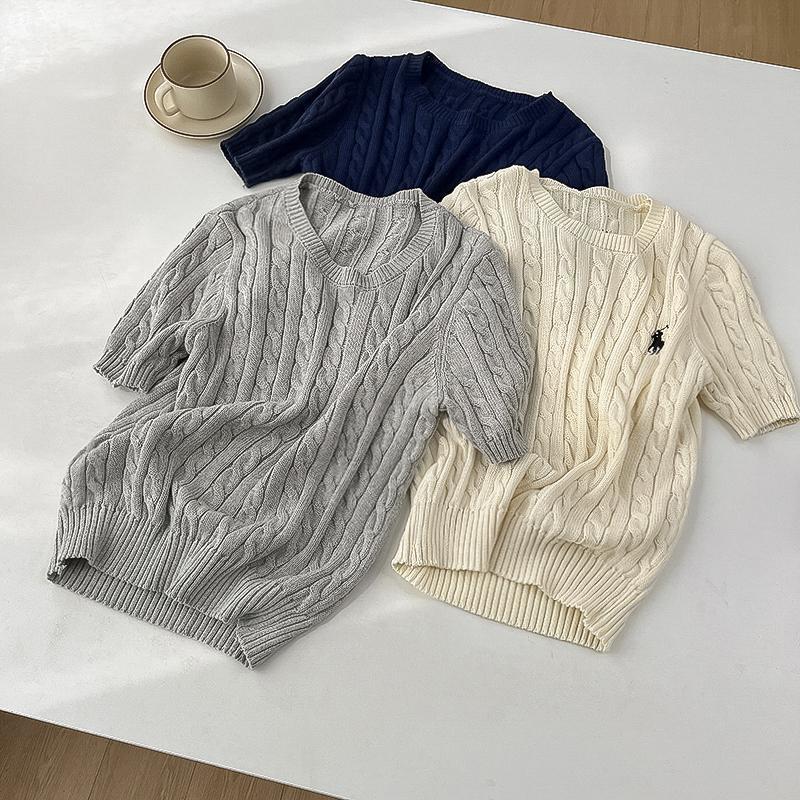 British-style ponytail embroidery braided short-sleeved knitted sweater for women, spring and summer retro style, thyme and base layer sweater pic 5