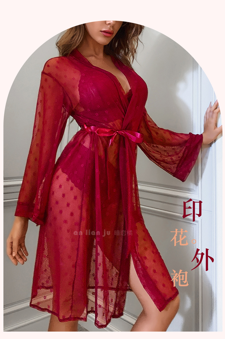 Cross-border foreign trade independent station Sexy mesh see-through pajamas four-piece set Long outer robe bra underwear set 9076 pic 4