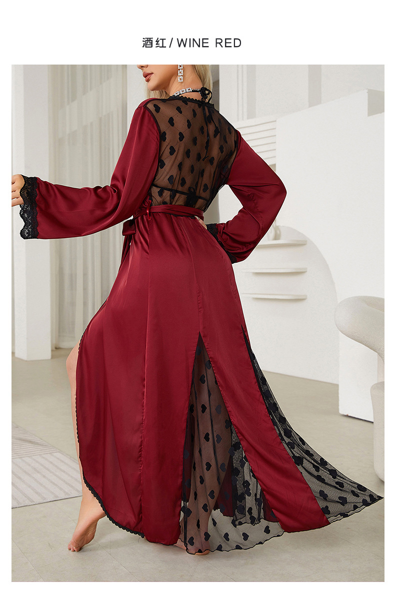 New cross-border light luxury long-sleeved V-neck satin lace patchwork long bathrobe, bathrobe and home wear for women, 657 pic 15