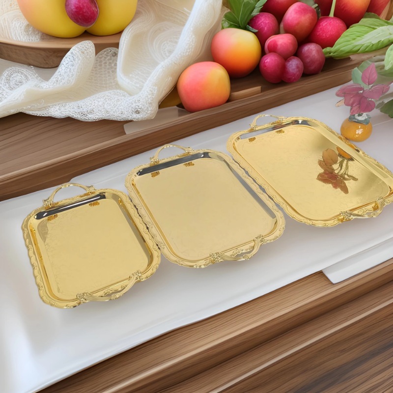 轻奢腾花纹长方形金色托盘餐厅端菜盘自助餐酒店甜点水果收纳盘详情2