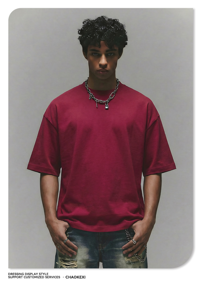 New pure cotton American-style solid-color youth T-shirt for men, 280g washed and aged trendy short-sleeved top custom-made pic 22