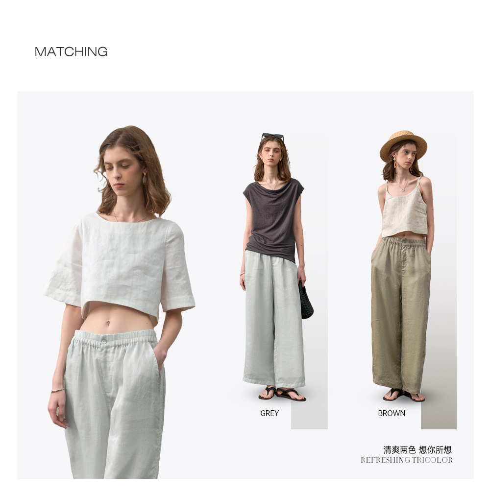 Pure ramie straight-leg pants for women, loose and slimming casual pants, loose spring and summer stretched-waist long pants pic 5