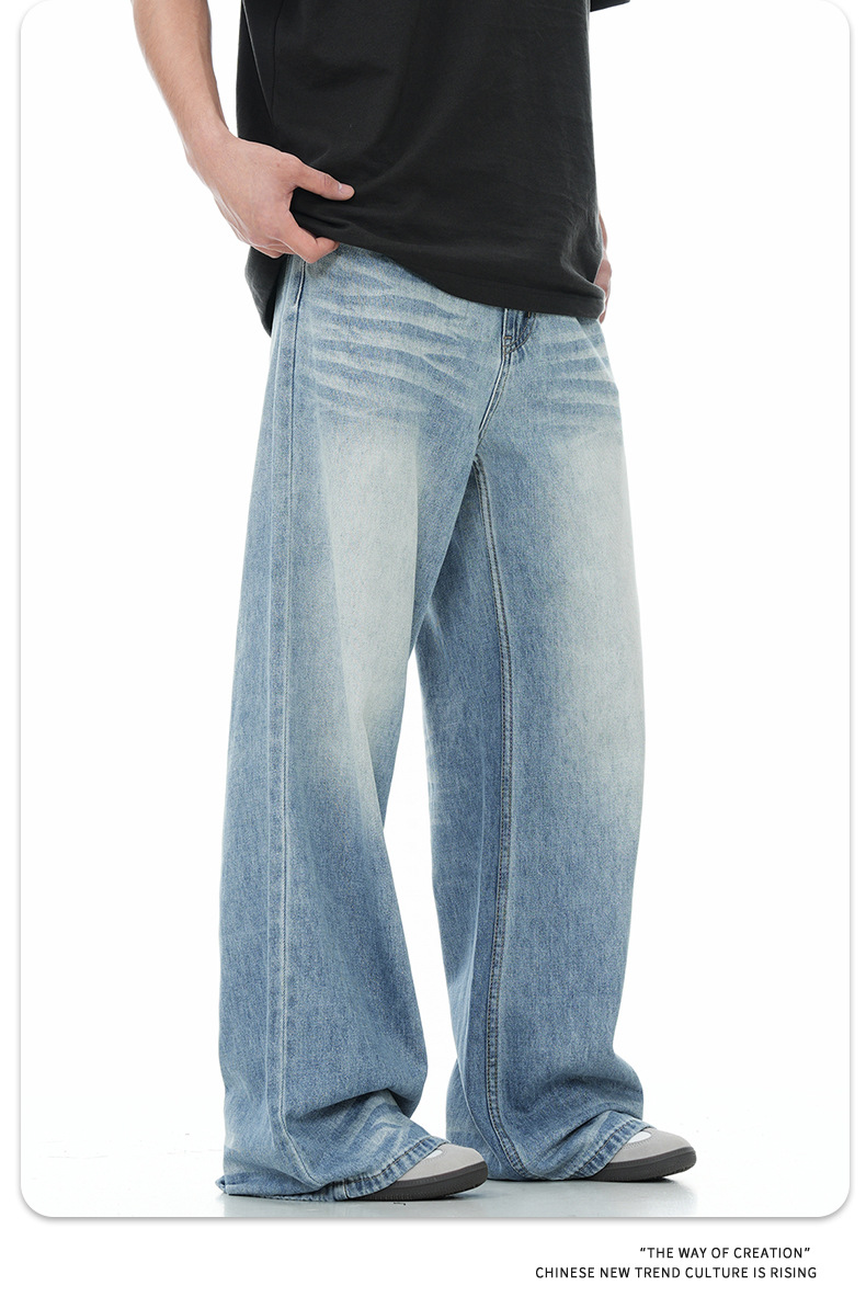 11KN American sunny blue soft jeans for men and women, retro cat whiskers washed for slimming, three-dimensional drape, loose and casual trousers pic 11