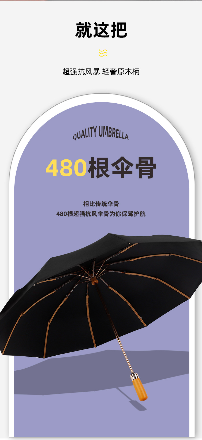 New solid wood fully automatic umbrella, a 23-inch self-opening and closing umbrella for both rain and sun protection, 12-bone business black rubber sun umbrella pic 2