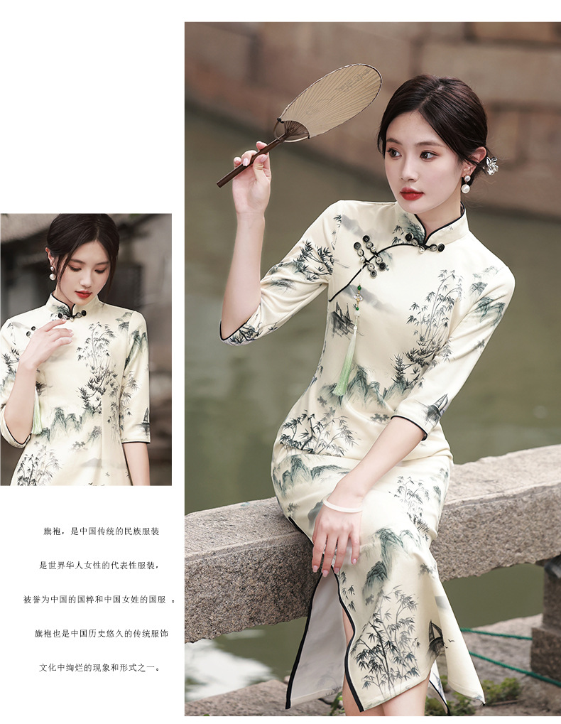 New Chinese-style cheongsam improved version for women, Spring 2025 Jiangnan Suzhou five-quarter sleeve ink-wash painting dress cheongsam pic 14