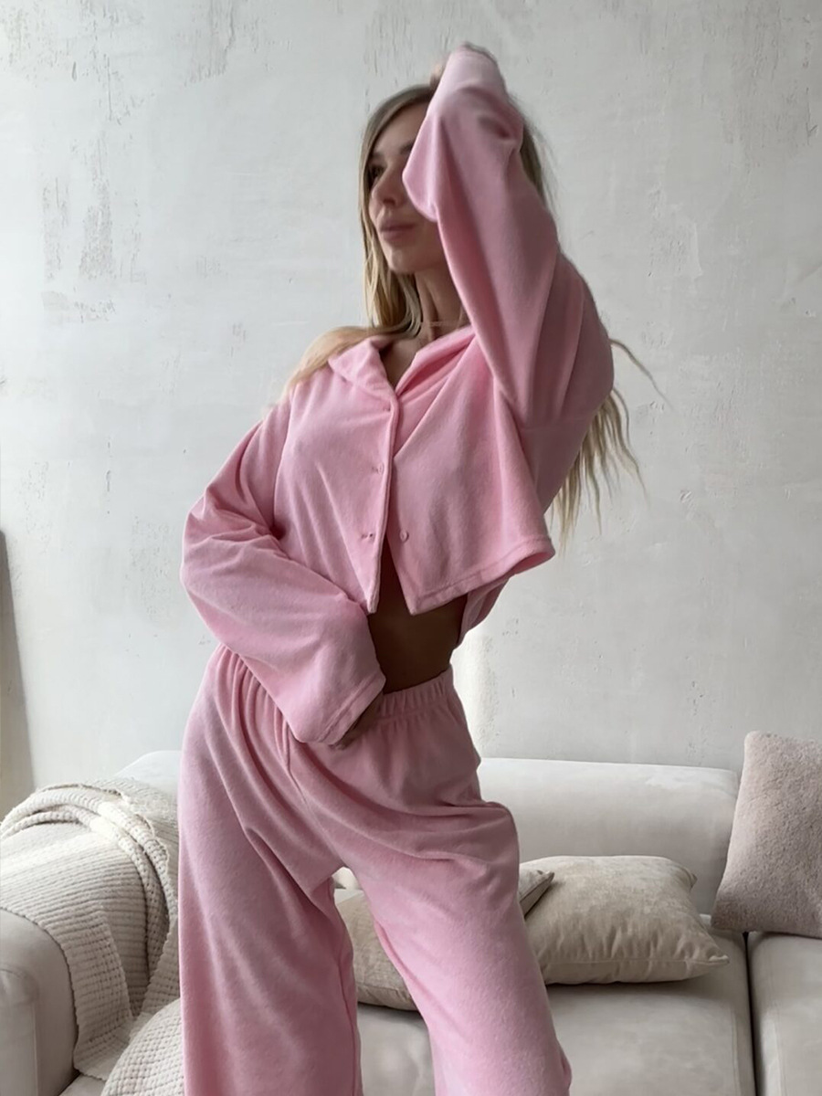 Cross-border pink fleece long-sleeved and long pants pajama set, European and American autumn and winter new cardigan pajamas, comfortable home wear for women pic 10