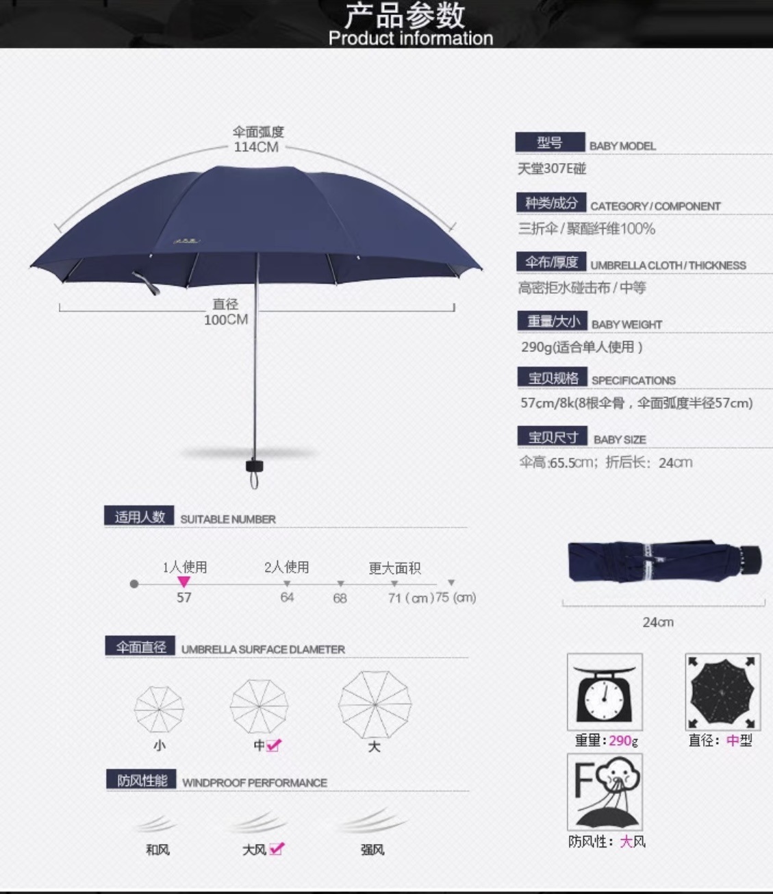 批发正品天堂伞307E商务三折八骨晴雨伞可印广告礼品发放商超配送详情1