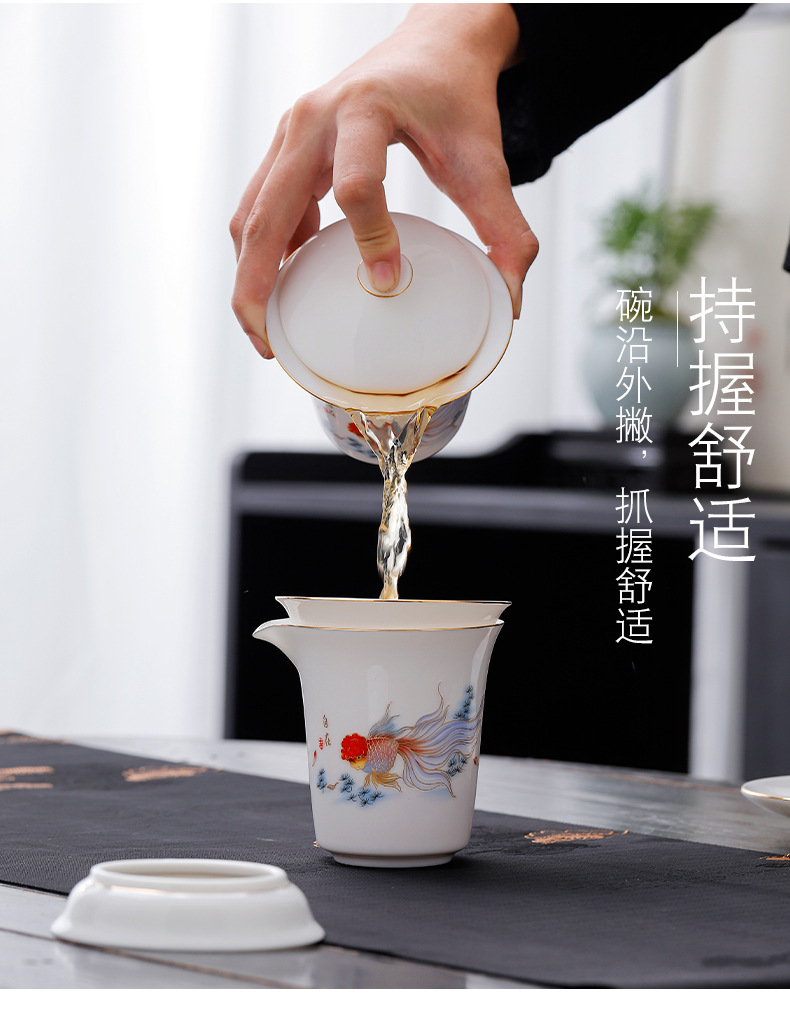 Dehua high-end sheep fat jade porcelain Gongfu tea set, home tea brewing covered bowl cup, company and enterprise festival gift for guests pic 7