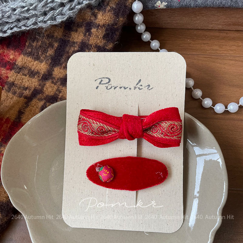 新款韩版秋冬红色系蝴蝶结布艺发夹儿童手工侧边碎发刘海夹发饰女Pom.kr 红色绒面发夹套装 福字糖果蝴蝶结 喜庆可爱新年详情7