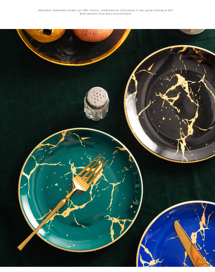 European-style gold-edge tableware, marble-patterned plates, Western plates, steak plates, household tableware, banquet dessert presentation model room pic 15