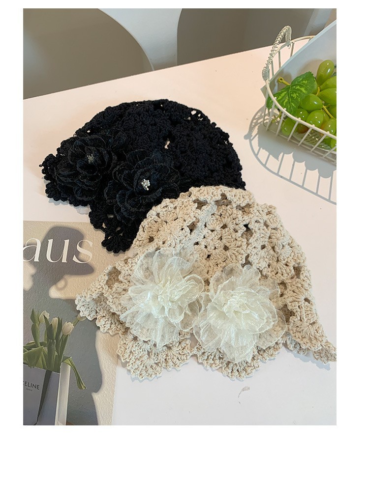 Summer thin Korean-style hollowed-out pearl flower hand-knitted headpiece hat for women, sweet, cute, fashionable and niche hat pic 17