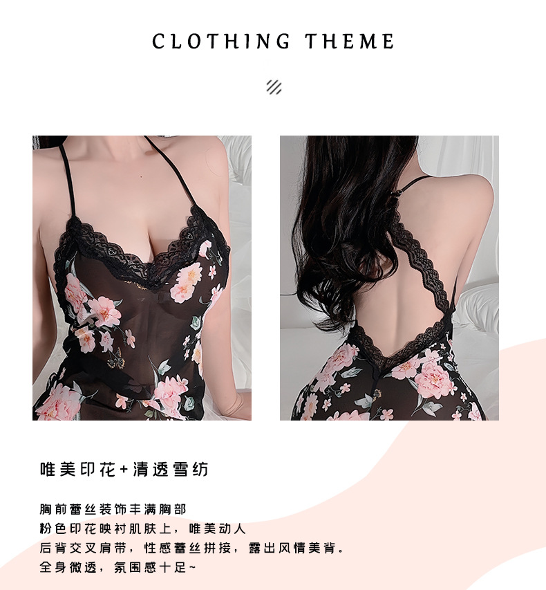 Fabricante recto suministro impresión perspectiva halter vestido de dormir encaje encaje sexy slim lady pijama homewear 550 pic 3