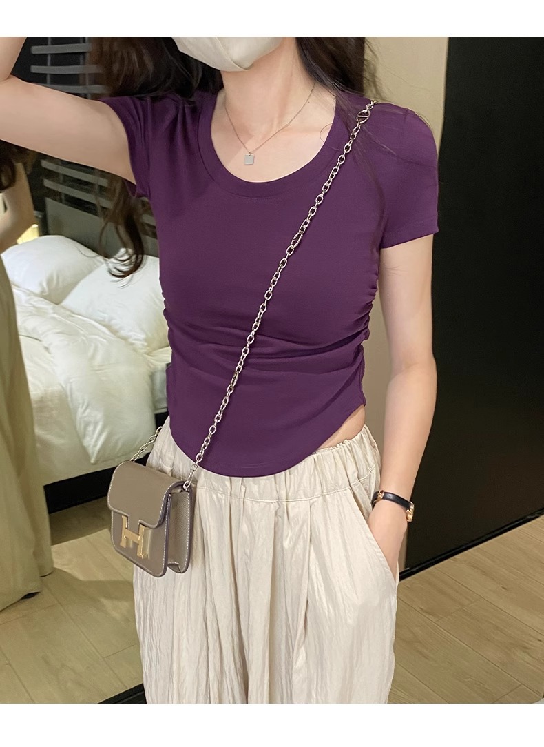辣妹正肩紧身短袖T恤女 2025夏季新款直播显身材 茶艺风格低领紫色上衣 女式T恤青春时尚潮流详情9