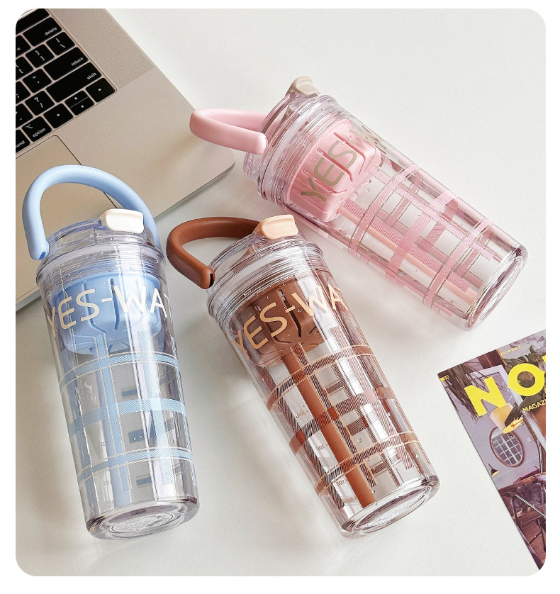 Checkered handle portable straw cup, summer TRitan water cup, high appearance level, heat-resistant plastic cup with scale pic 15