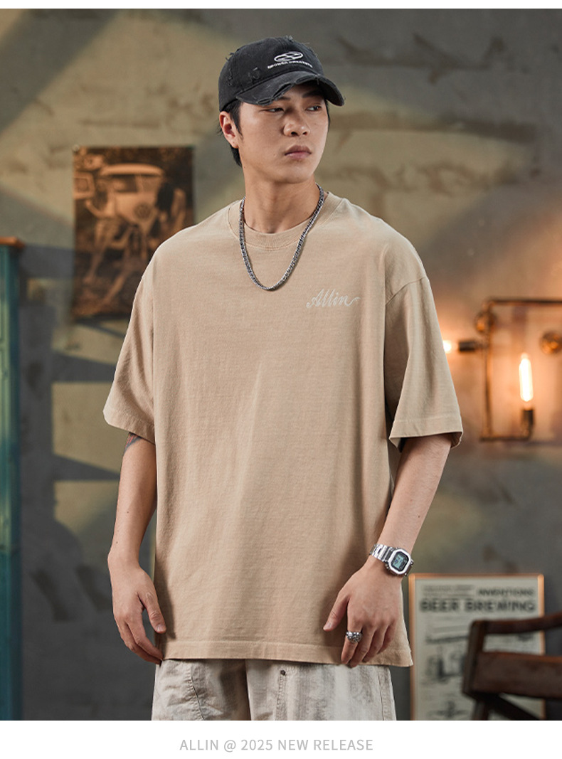 ALLIN pure cotton heavy-duty short-sleeved T-shirt for men, a summer trendy brand with three-dimensional printed letters and loose round-neck couple tops pic 28