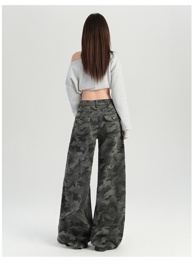 橙绢女装#美式辣妹迷彩高腰阔腿休闲裤女秋季新款高街显瘦拖地裤详情29