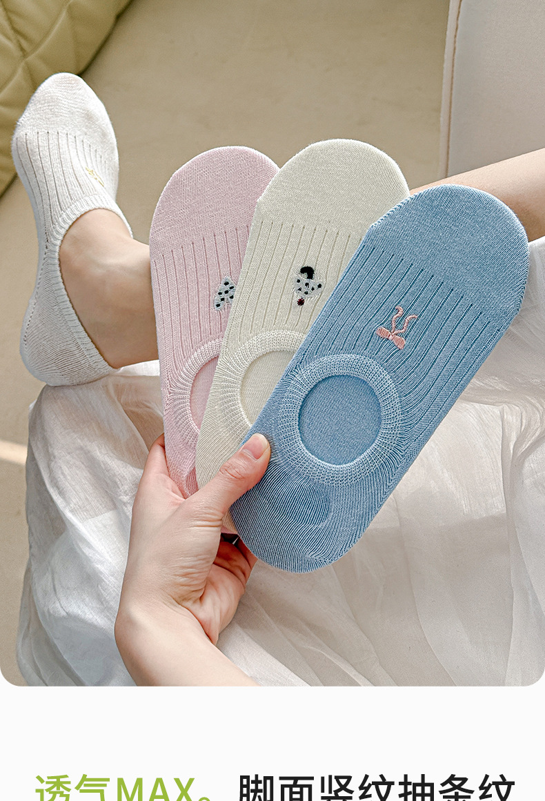 诸暨夏季薄款纯棉隐形袜子女无骨卡通刺绣网眼透气浅口低帮船袜详情3