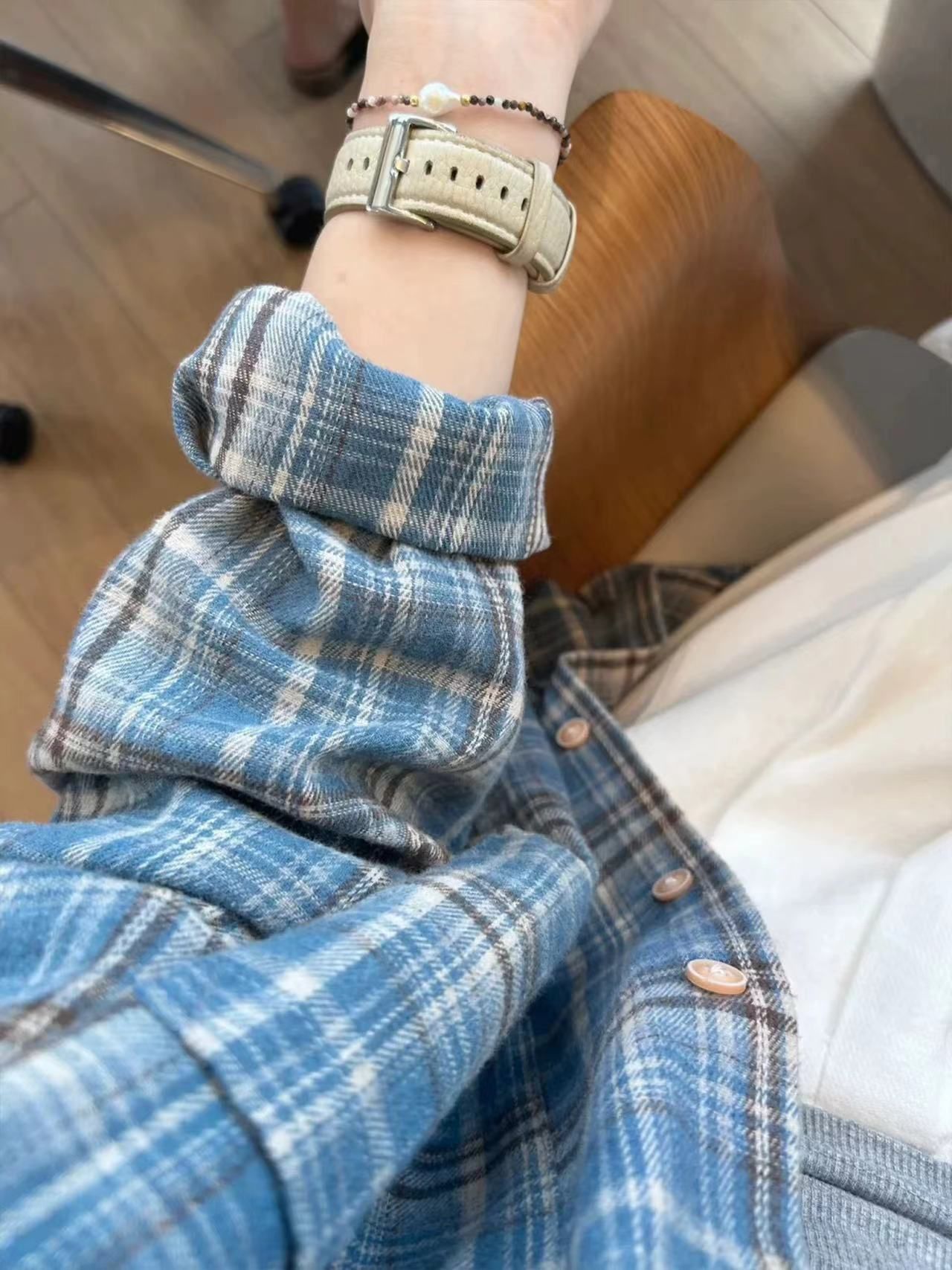 法式蓝色格子棉质长袖衬衫外套女春秋季新爆款早秋气质上衣设计感详情4